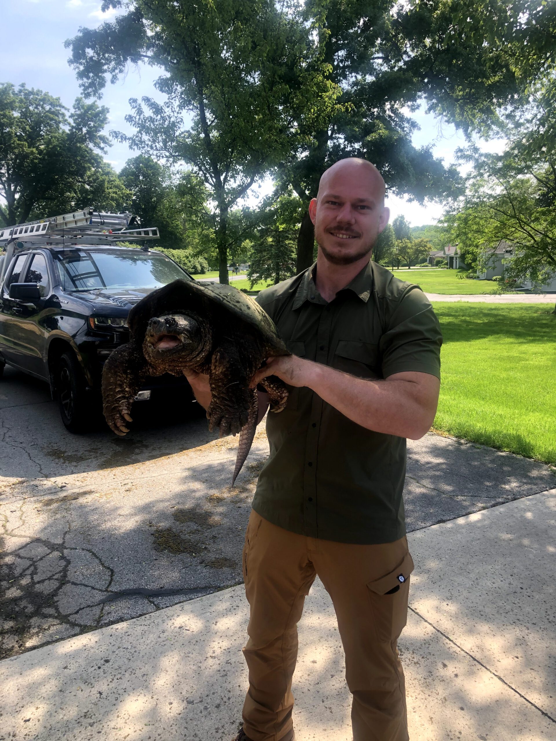 A man in a green shirt and tan pants holds a large turtle with both hands. He stands on a paved driveway with a residential area in the background. A black SUV is parked nearby, and the surroundings include trees and grassy lawns under a sunny sky.